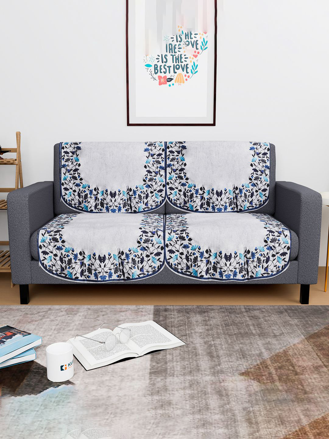 Kuber Industries Blue & Grey 4 Pieces Digital Leaf Printed Velvet Sofa Covers
