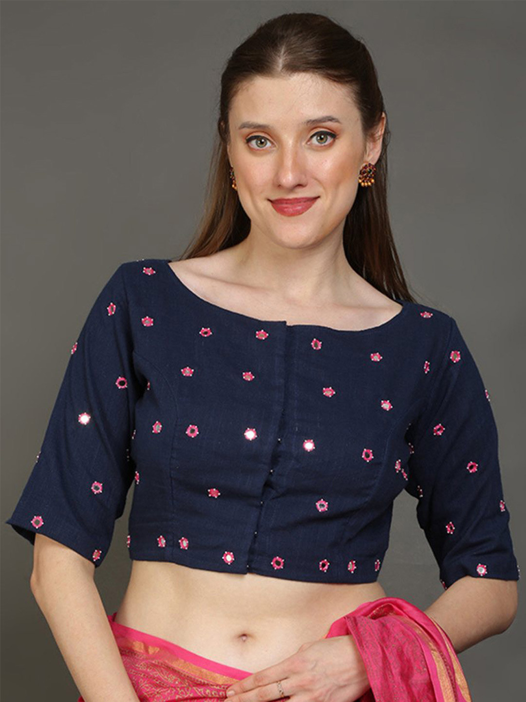 PALASH Hand Embroidered Cotton Mirror Work Slub Saree Blouse