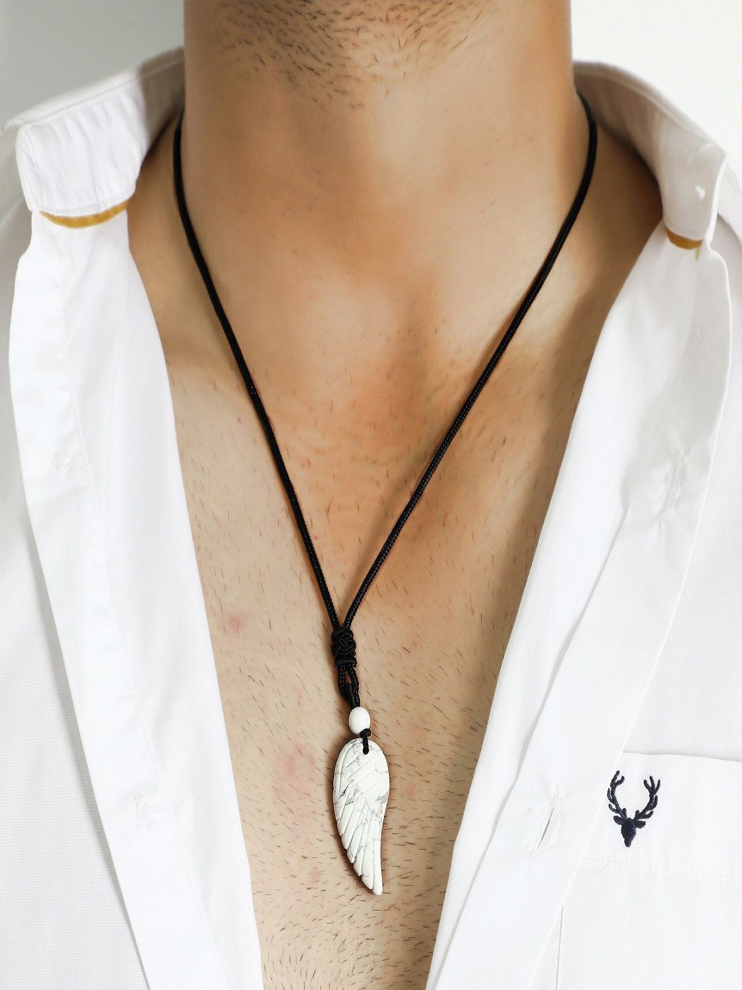 Nirvana Men Stainless Steel Feather Shaped Howlite Carved Angel Wing Rope Pendant