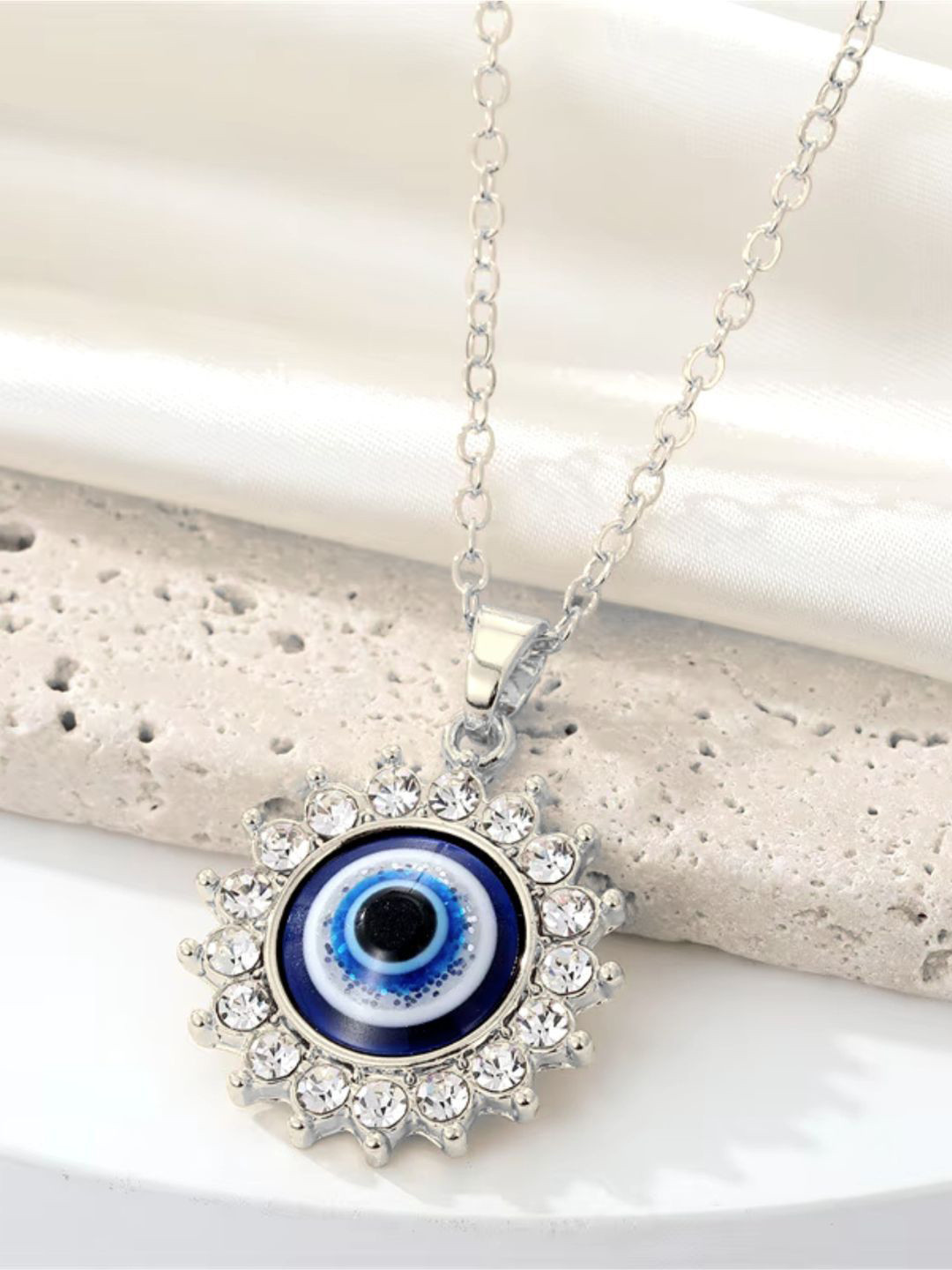 DressBerry Silver-Plated Artificial Stones Studded Evil Eye Sun Flower Pendent With Chain