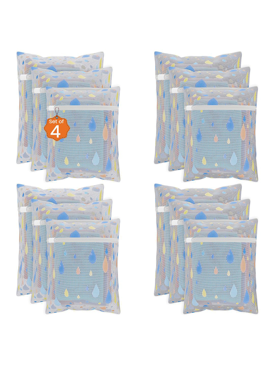 Kuber Industries White & Blue 12 Pieces Drop Printed Reusable Laundry Bags With Zipper