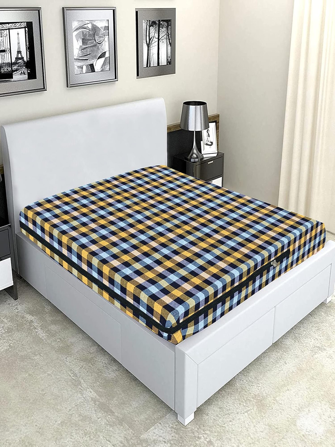 Star Weaves Yellow Checked Cotton 250 TC King Bedsheet -78 x 72 inches