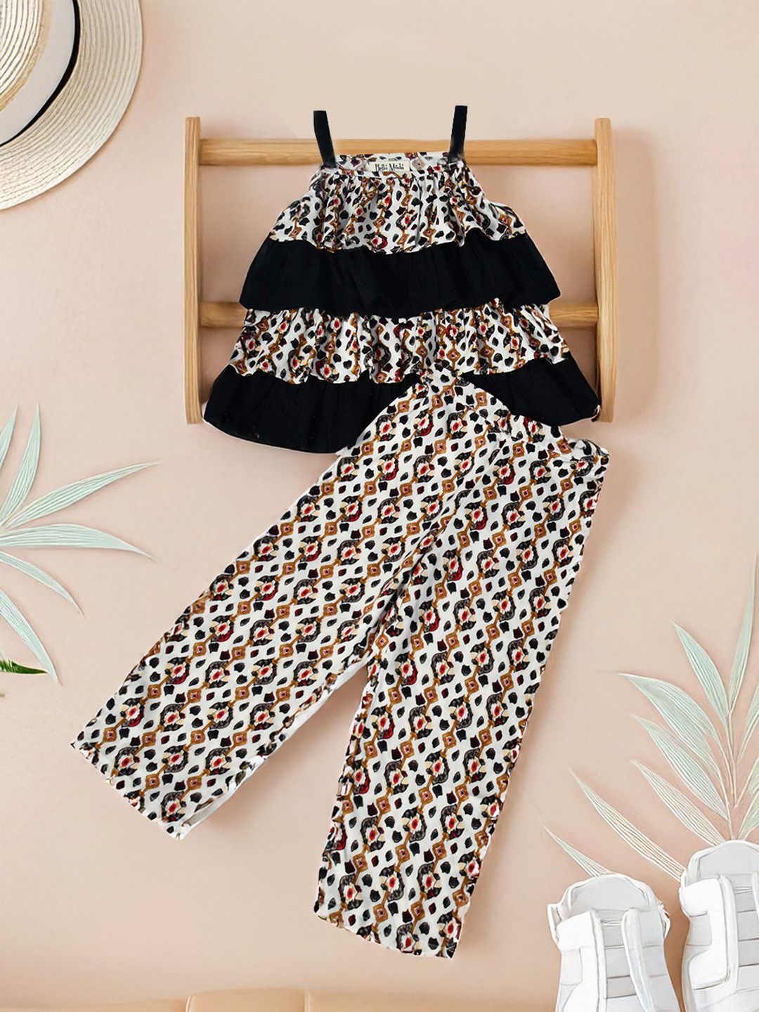 Bella Moda Girls Printed Pure Cotton Sleeveless Multi Layered Top & Trouser