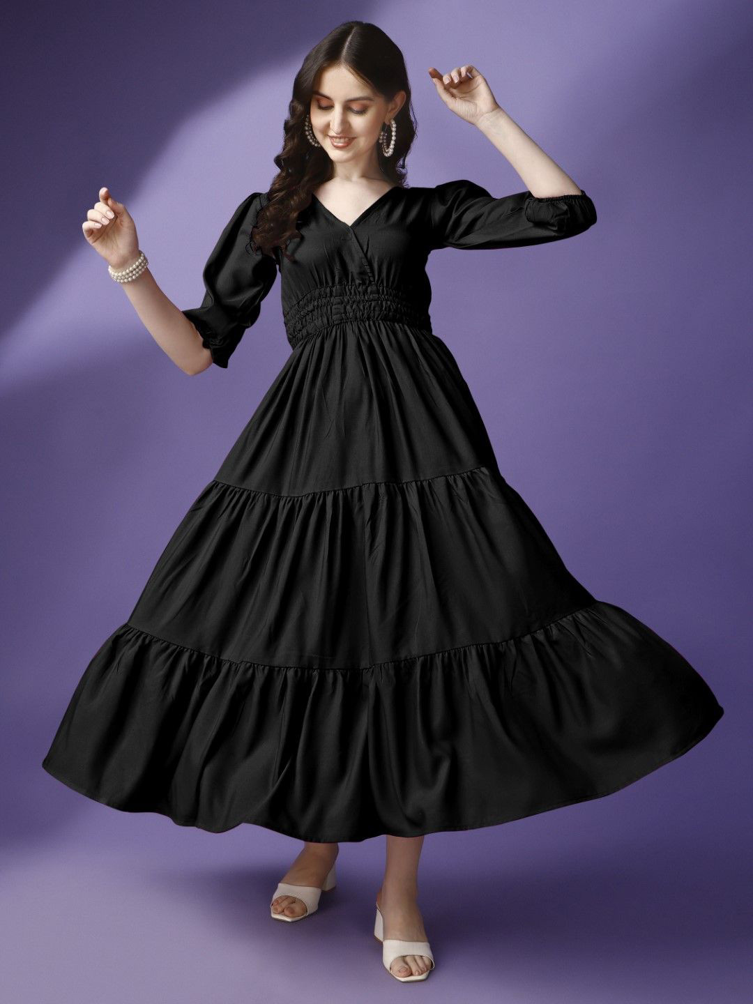 Raiyani Enterprise Solid Black Puff Sleeve Tiered Empire Maxi Dress