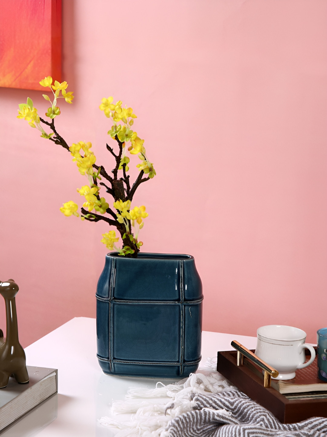 Myntra Elegant Homes Blue Textured Grid Ceramic Vase