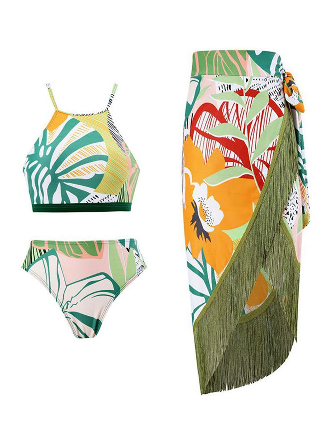 Plus Curvves Tropical Printed Bikini Set With Coverup Skirt