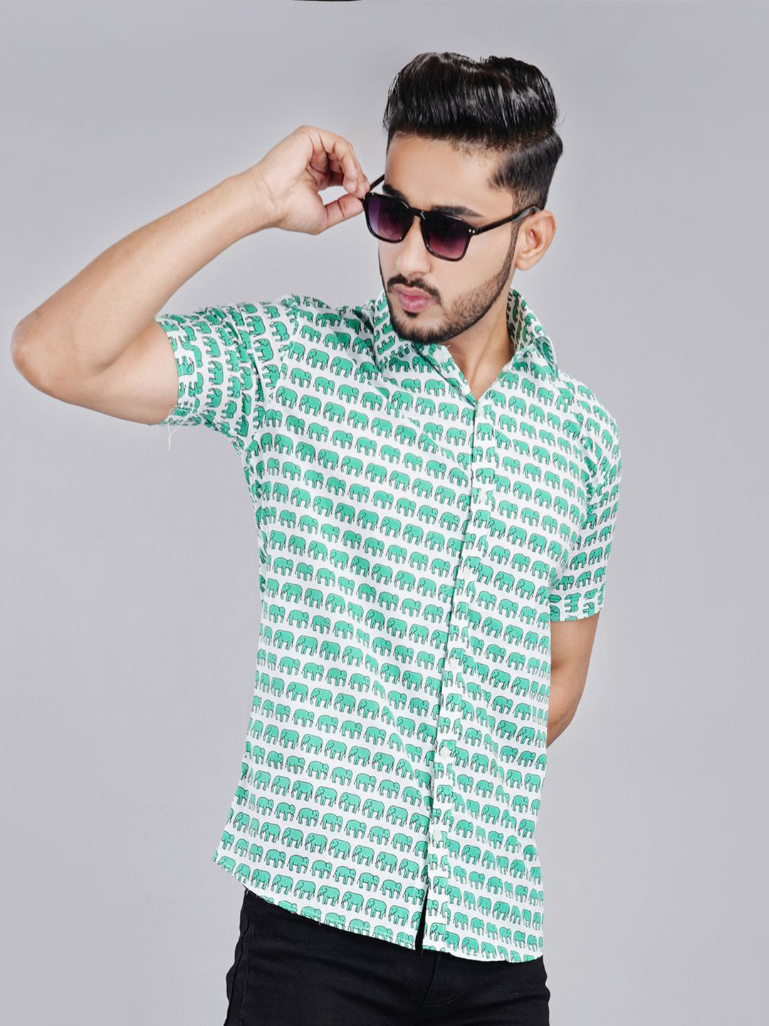 MANRANGI White & Green Elephant Print Casual Shirt