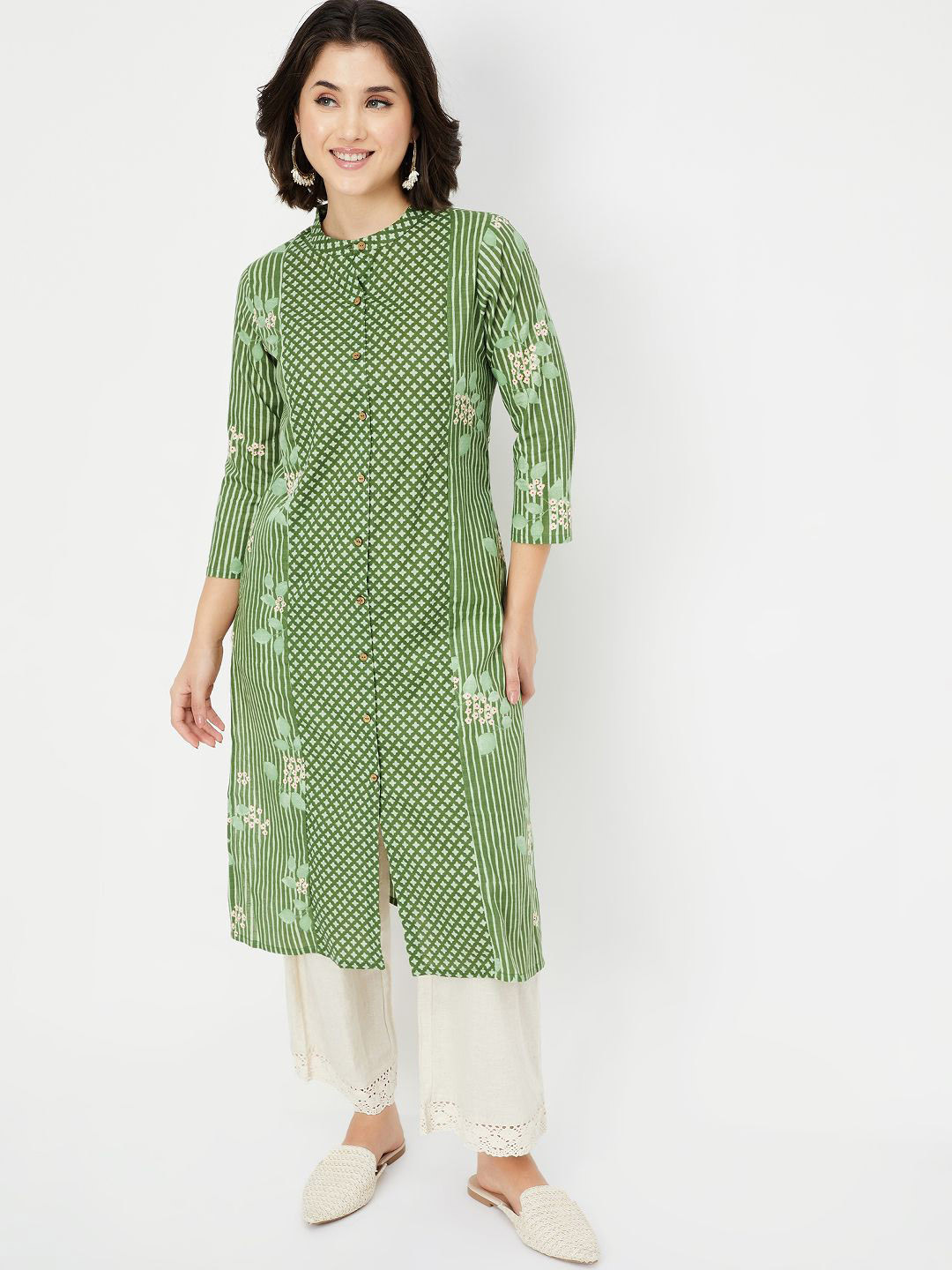 max Floral Printed Panelled Band Collar Cotton Straight Kurta
