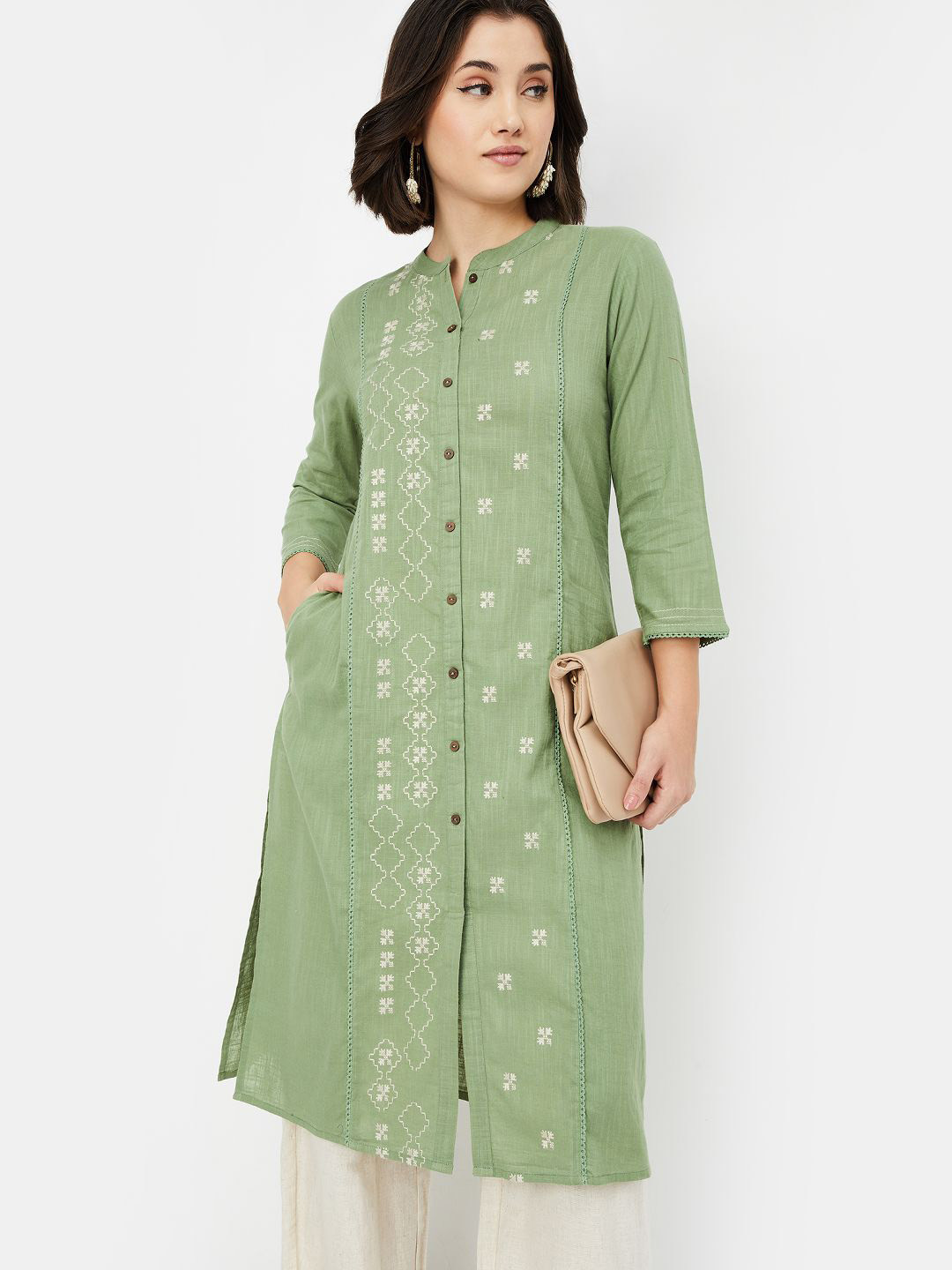 max Floral Printed Panelled Mandarin Collar Cotton Straight Kurta