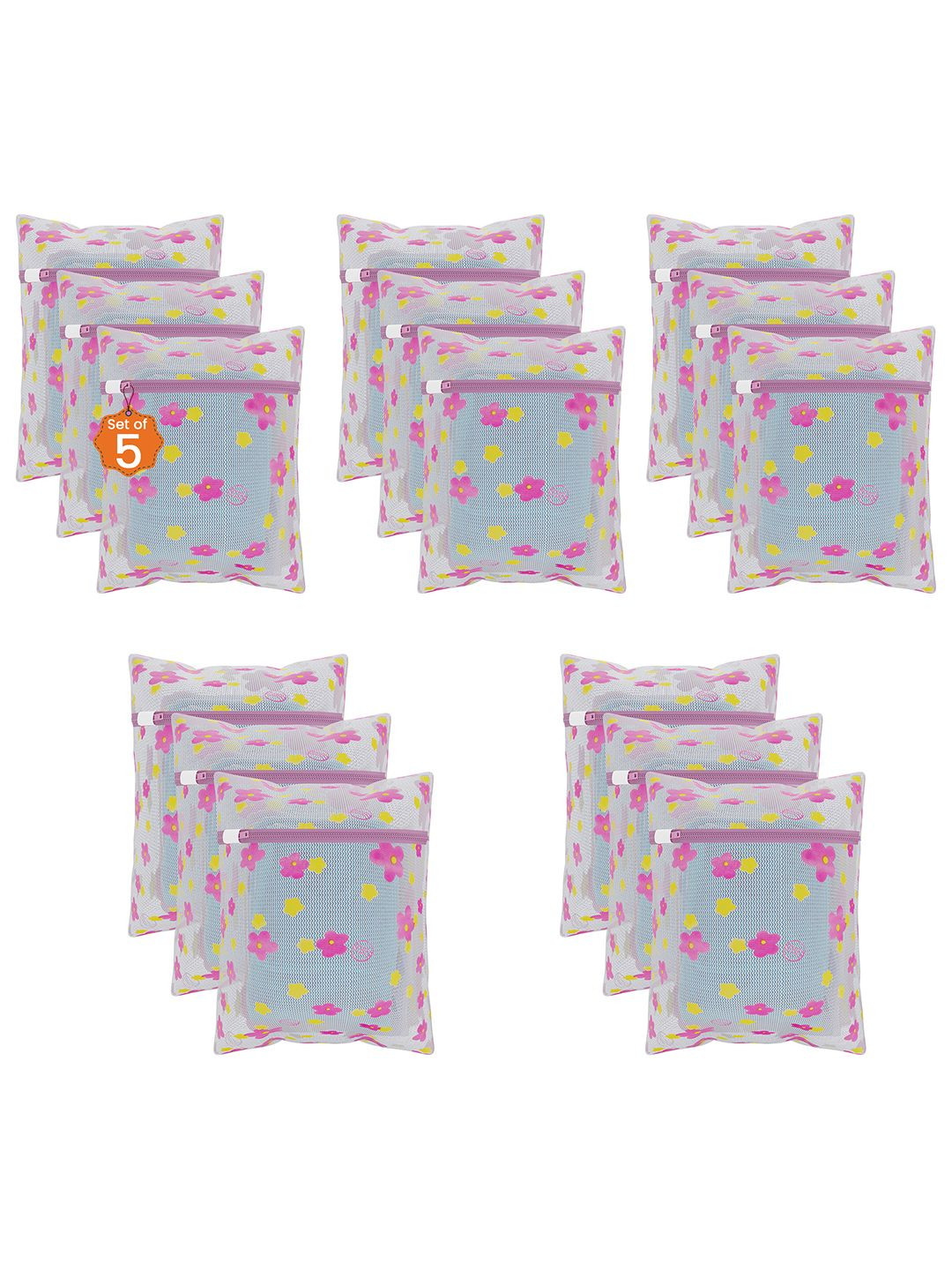 Kuber Industries Yellow & Pink 15 Pcs Sunflower Designed Reusable Laundry Bags With Zipper