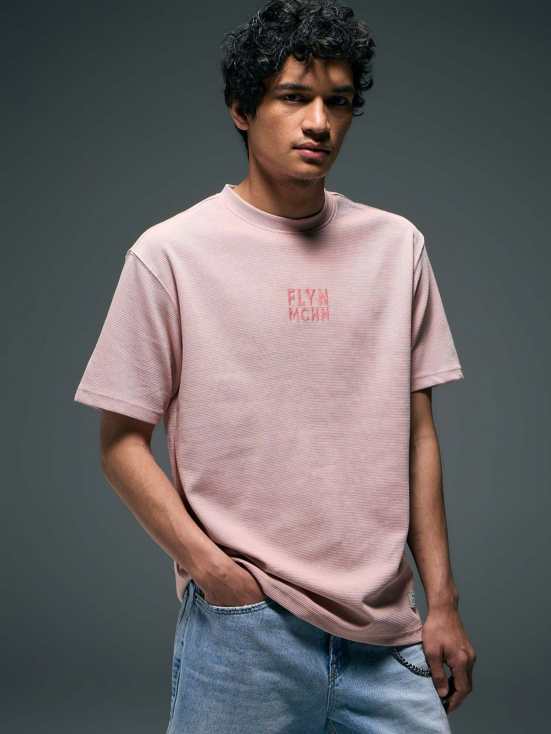 Flying Machine Patterned Round Neck Drop-Shoulder Sleeves Cotton Relaxed Fit T-shirt