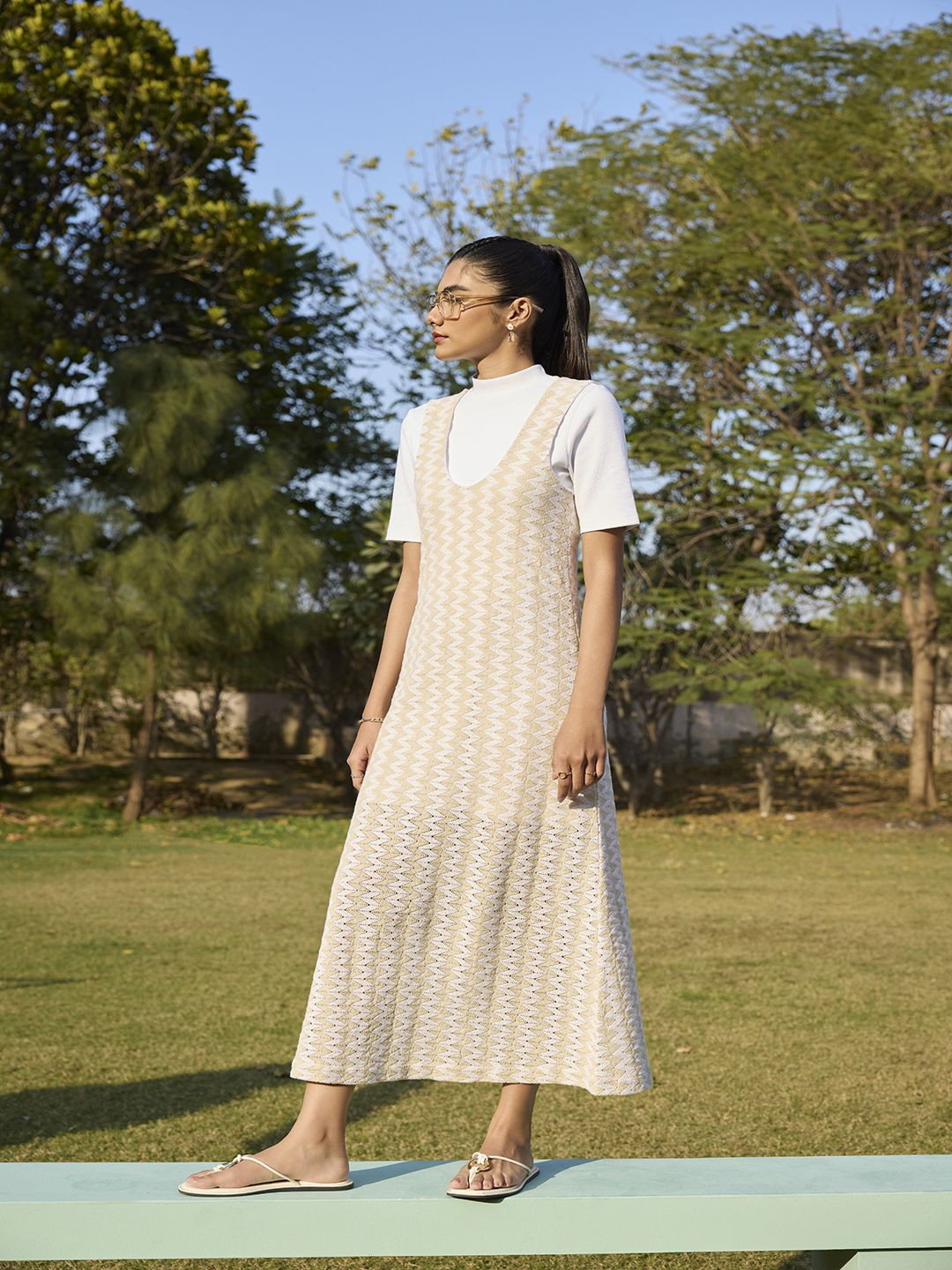 Muvazo Women Self Design Fit & Flare Midi Dress