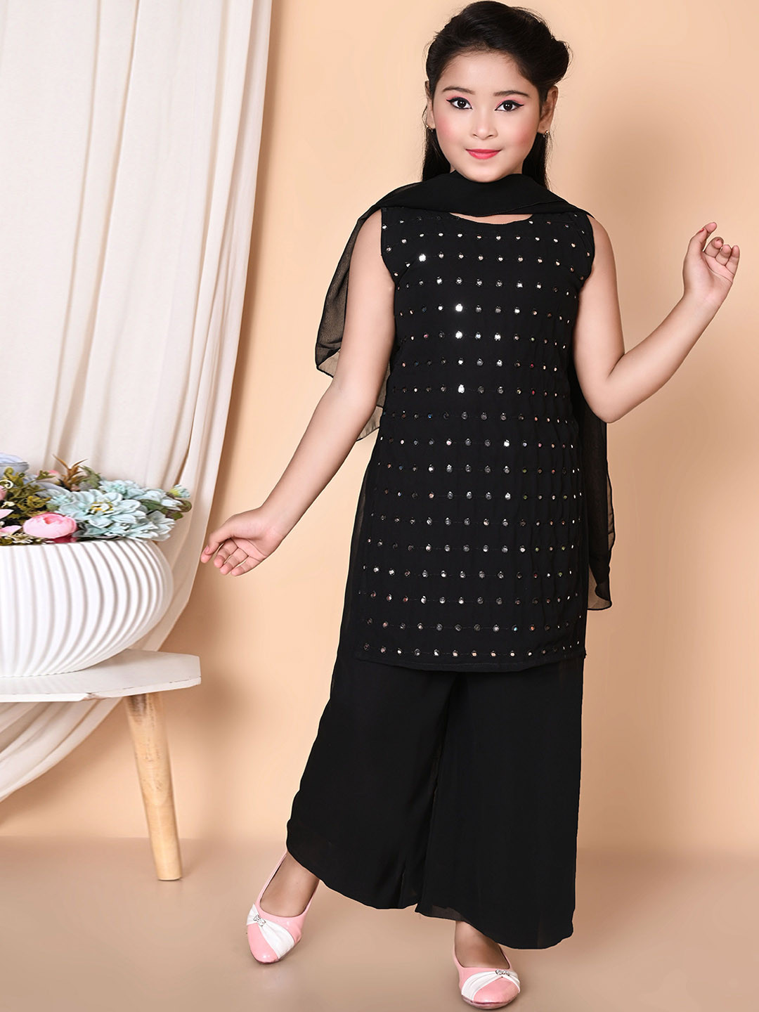 GLAMOUR WORLD GARMENTS Girls Regular Mirror Work Kurta with Palazzos & With Dupatta