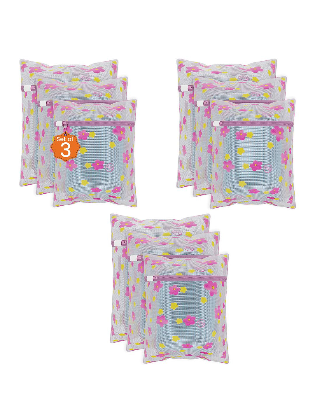Kuber Industries Yellow & Pink 9 Pcs Sunflower Designed Reusable Laundry Bags With Zipper