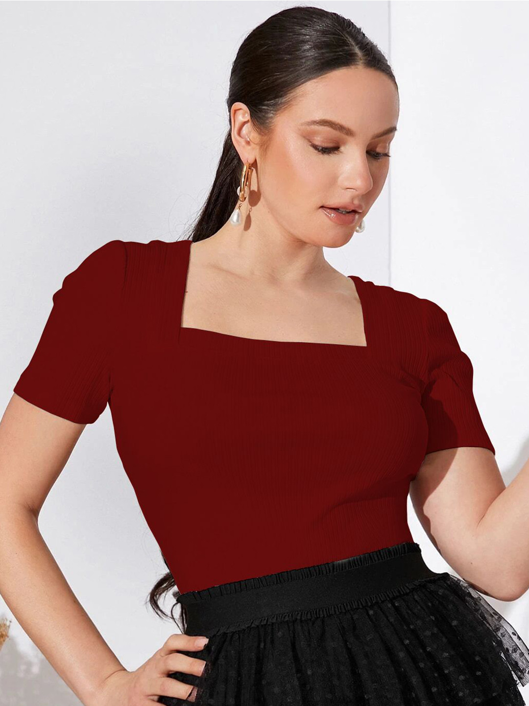 Sugathari Women Ribbed Textured Square Neck Regular Sheen Top