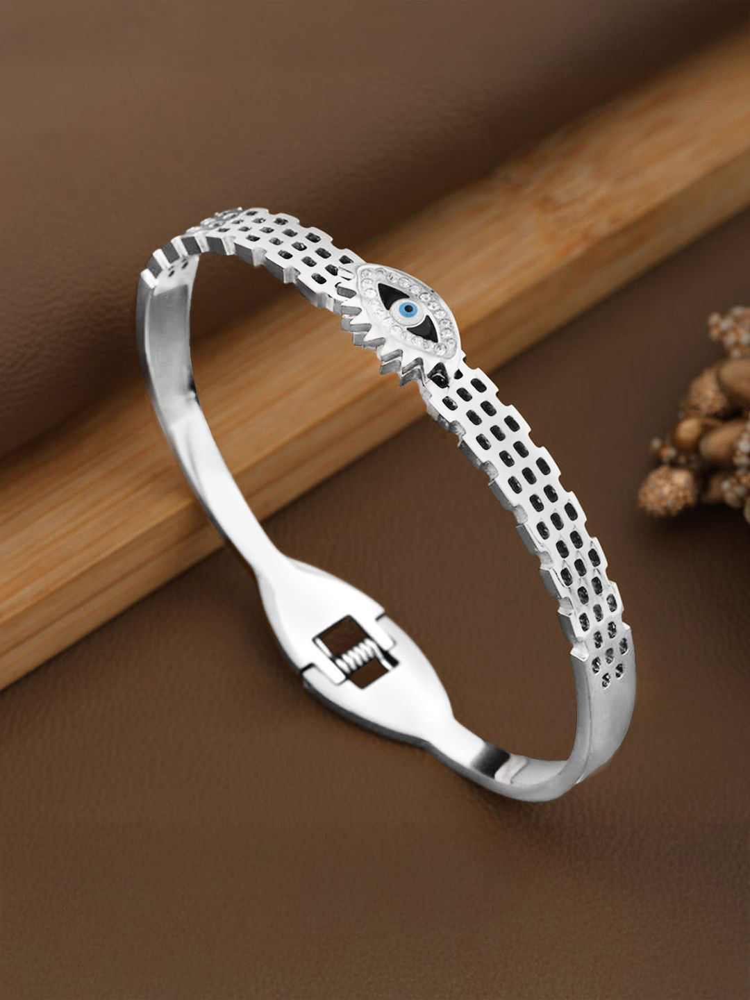 PRIVIU American Diamond Anti Tarnish Evil Eye Openable Bangle-Style Bracelet