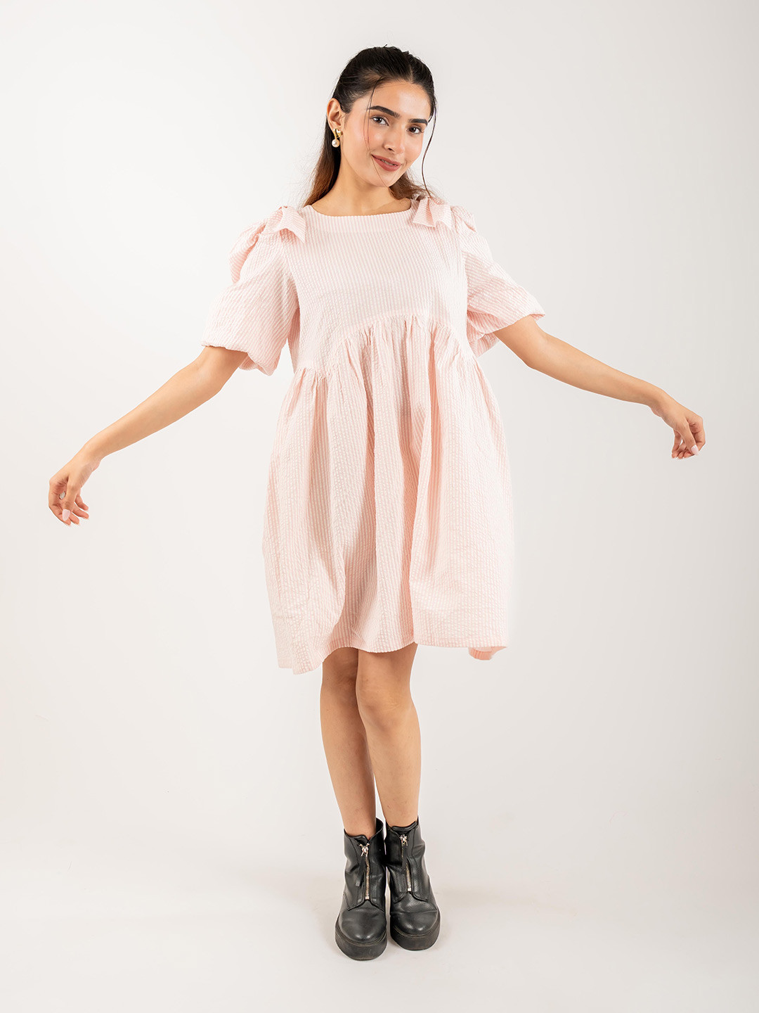 MONOMEE Women Striped Cotton Fit and Flare Mini Dress