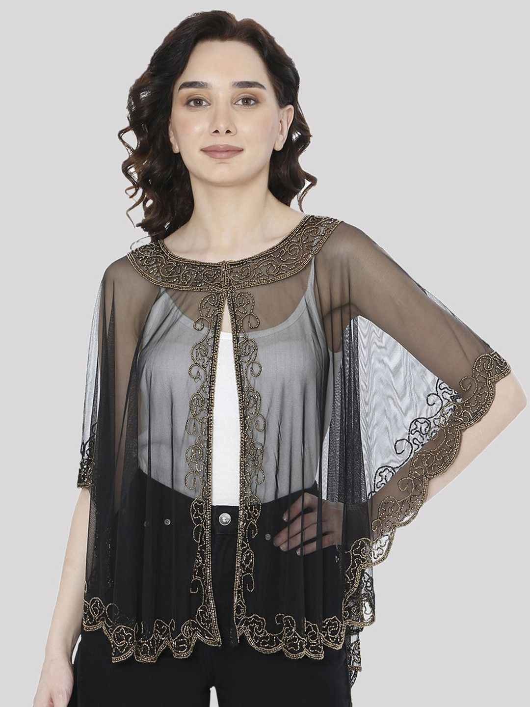 HAUTEMODA Beads Embroidered Poncho Cape Net Shrug