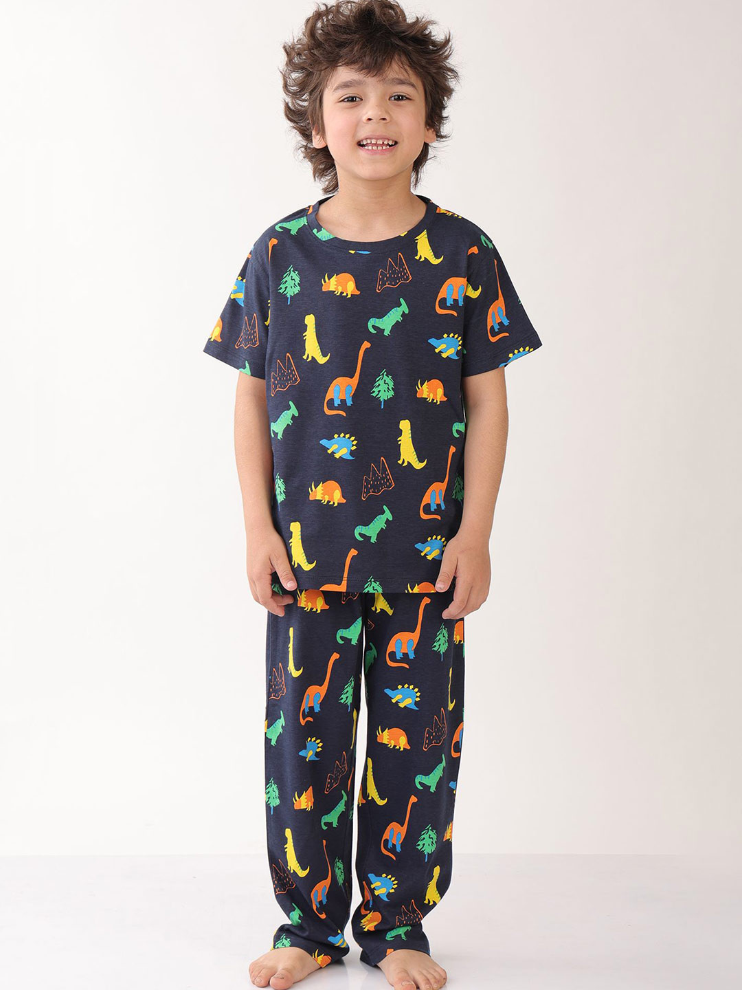 Anthrilo Boys Printed Summer Dinosaur Fun Navy Short Sleeve Pyjama Set