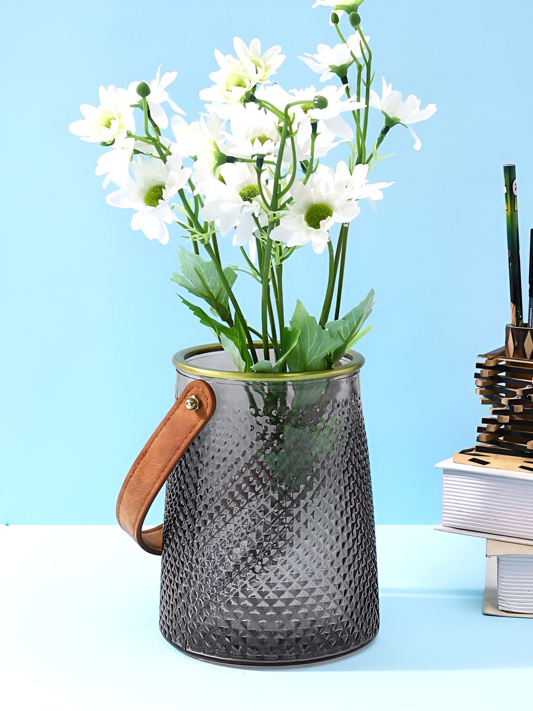 Myntra Elegant Homes Grey & Brown Textured Glass Lantern Flower Vase With Handle