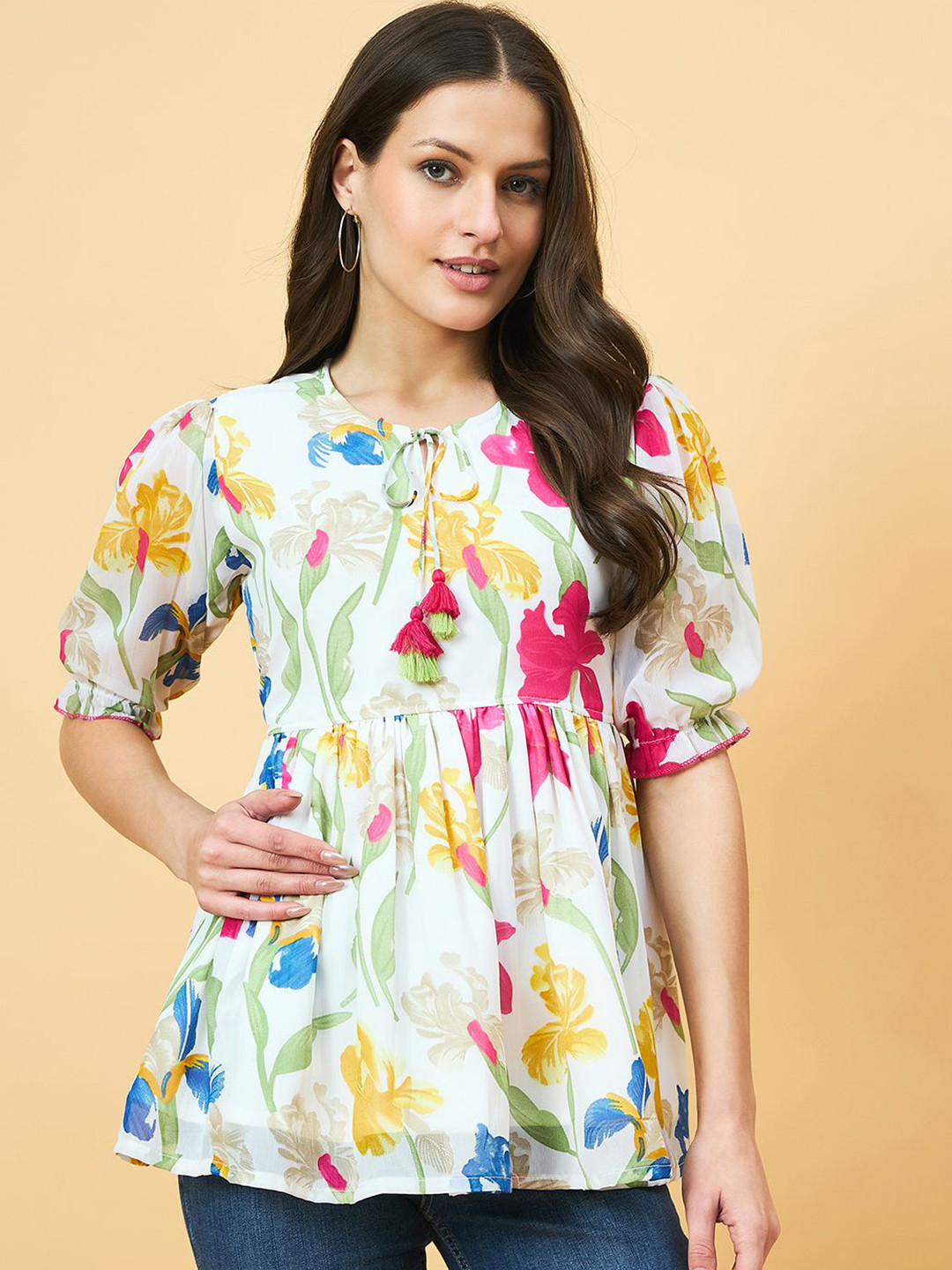 Azira Women Tie-Up Neck Puff Sleeve Georgette Peplum Top