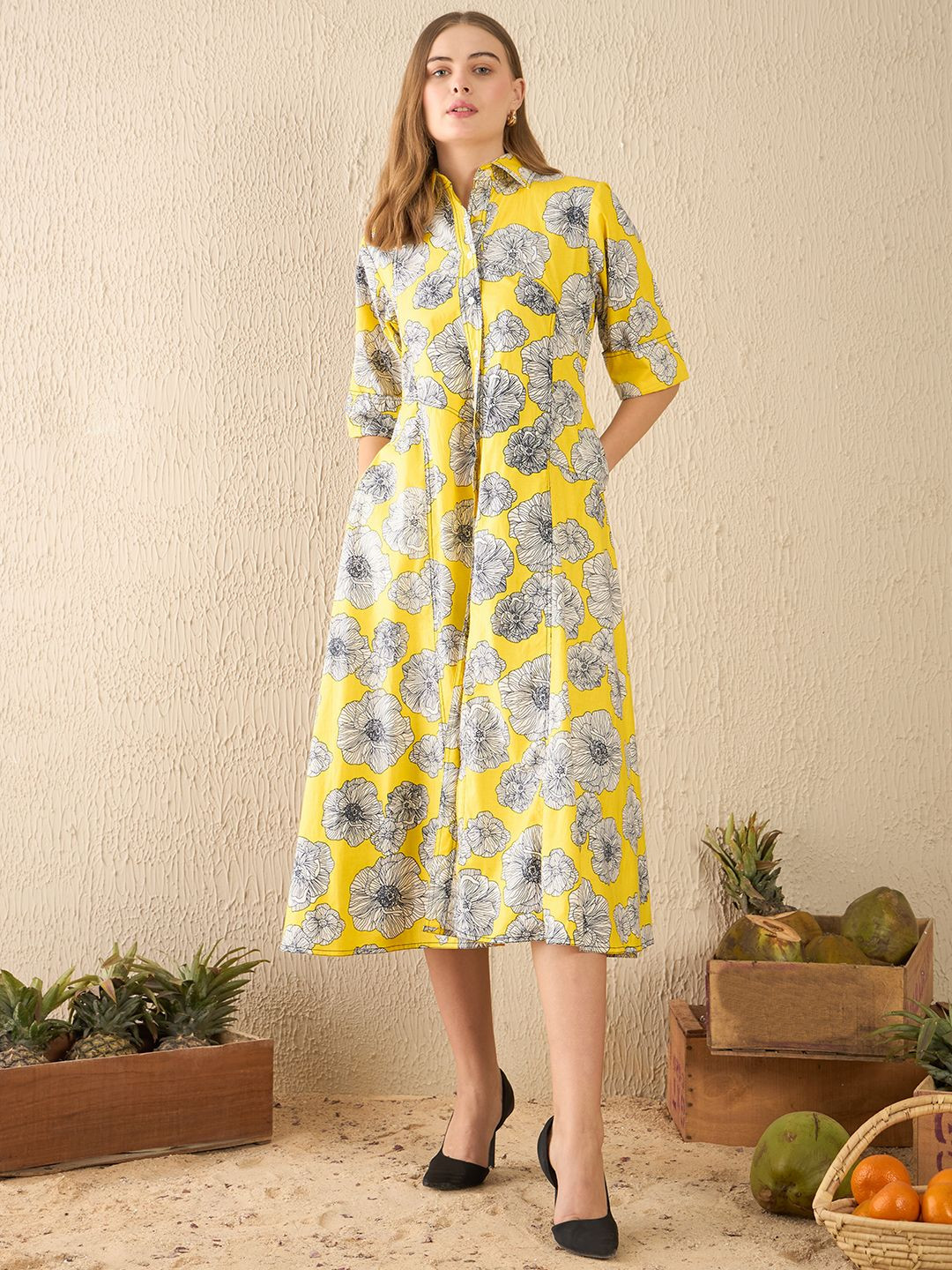 Uptownie Buttoned Down Cotton Midi Dress