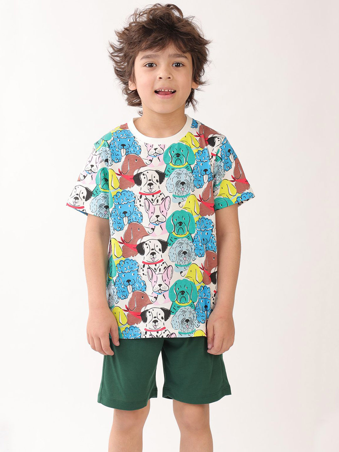 Anthrilo Boys Summer Dogs Green Sleepwear Short Set White Green Night suit