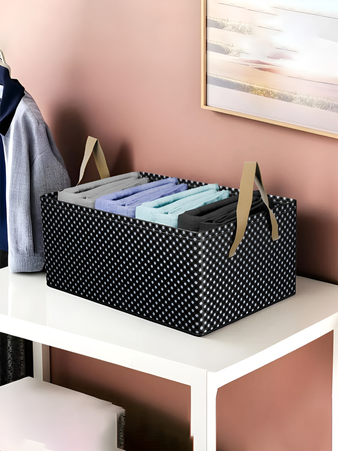 Aura Black & White Dot Printed Wardrobe Organizer with Handles