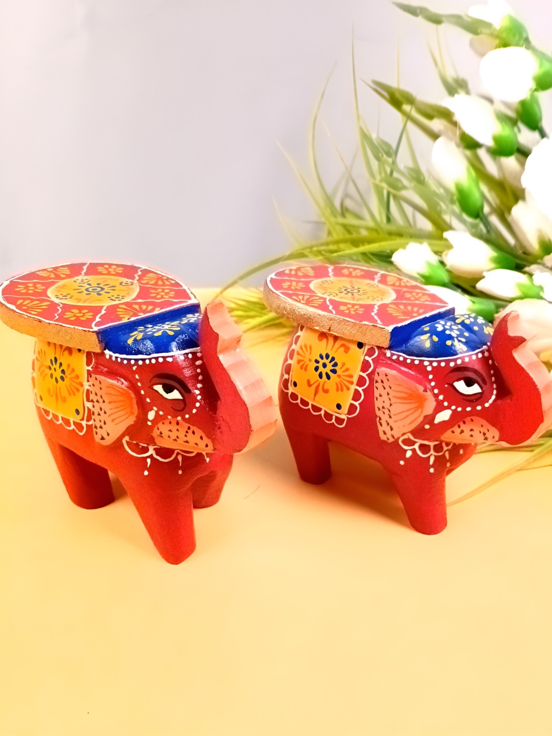 apka mart 2 Pieces Red Printed Elephant Stool Showpiece