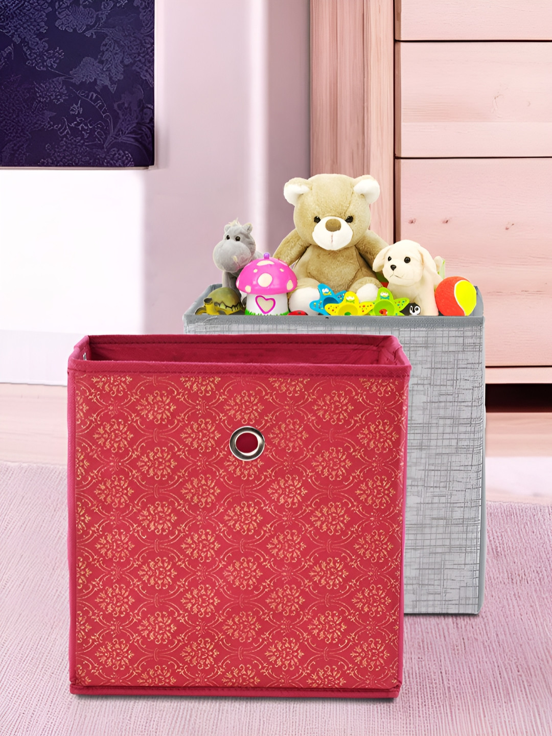 Aura Storage Box Grey And Red 2 Pieces Floral Printed Foldable Square Drawer Organizer