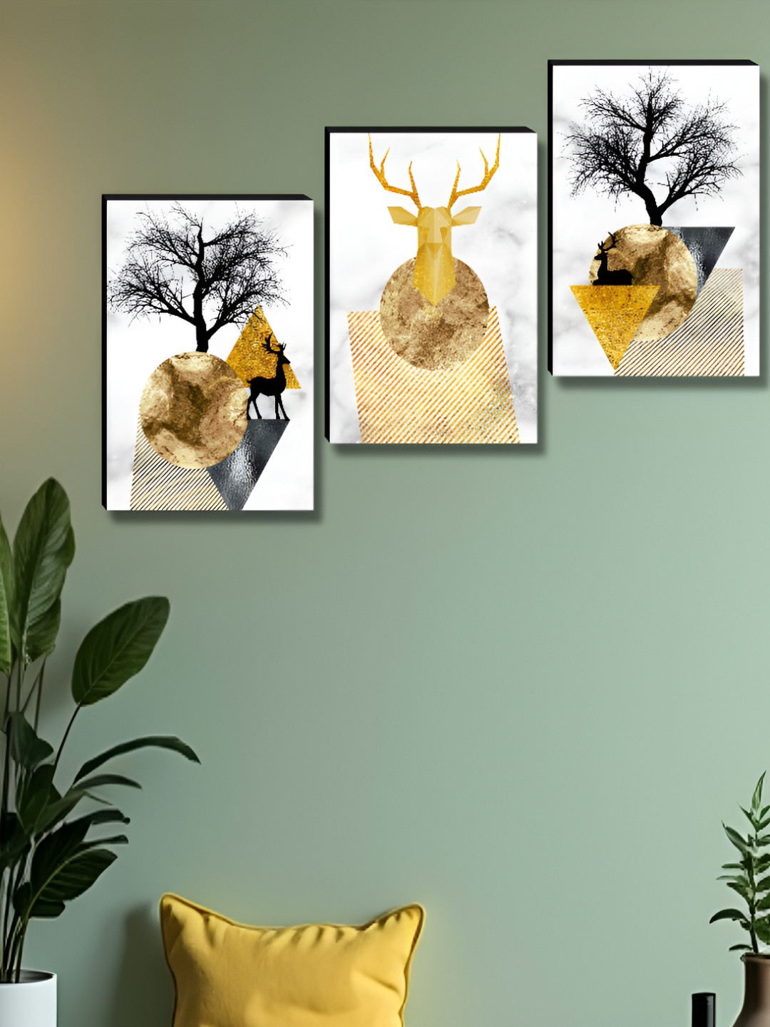 Myntra Elegant Homes Deer & Trees Synthetic Wood 3 Piece Paintings Wall Art - 12 x 36 In