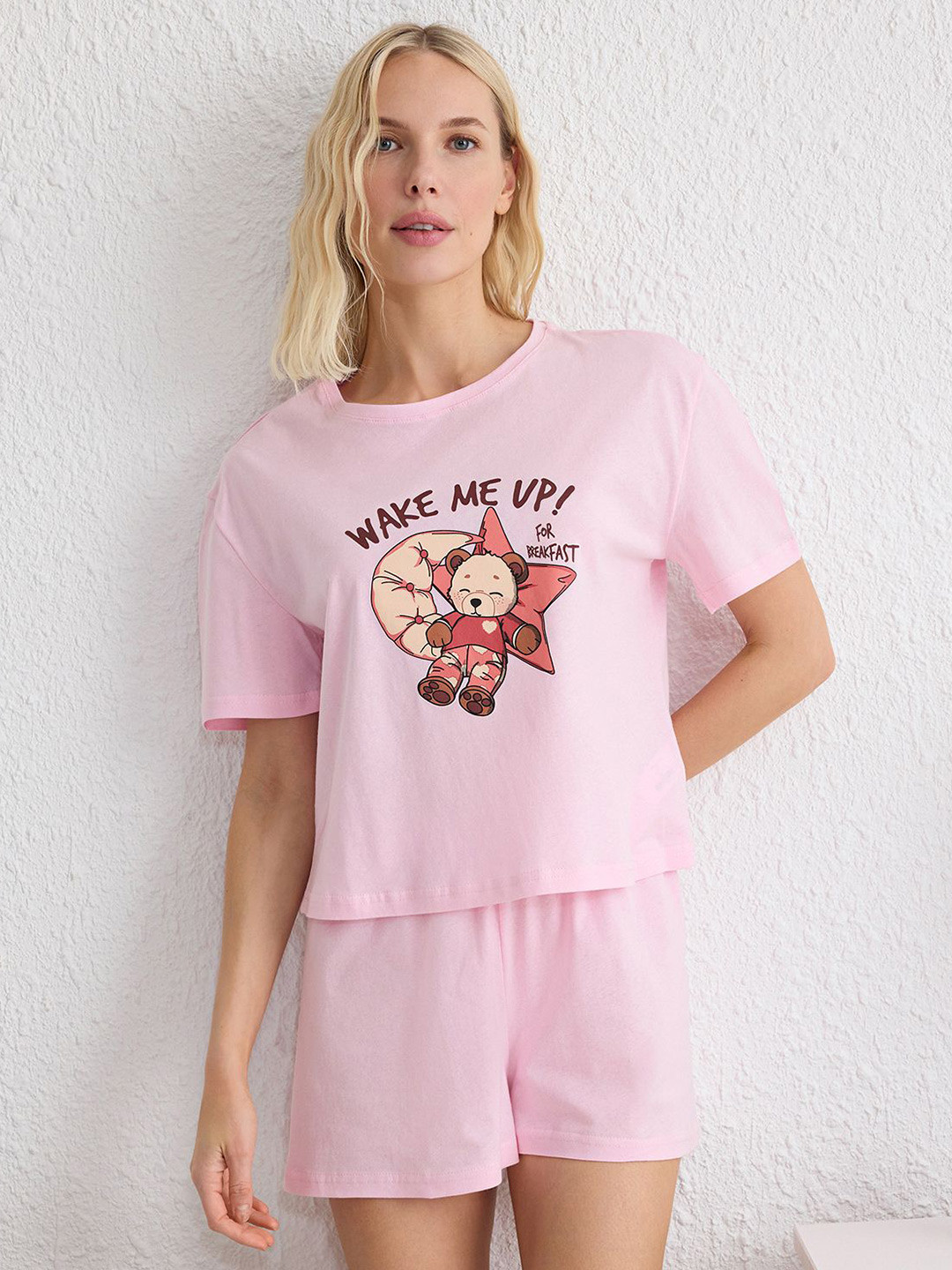 Trendyol Pembe Women Pure Cotton T-shirt & Shorts Night suits