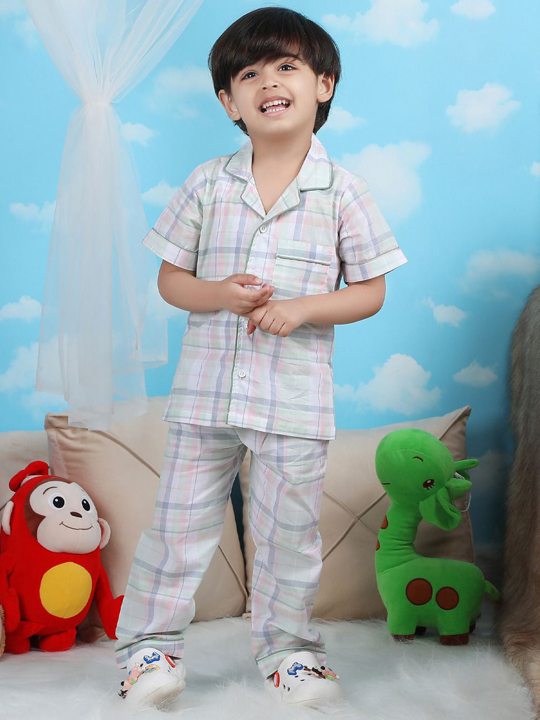 Polka Tots Boy Pure Cotton Checked Lapel Collar Short Sleeves Slip-On Night suit