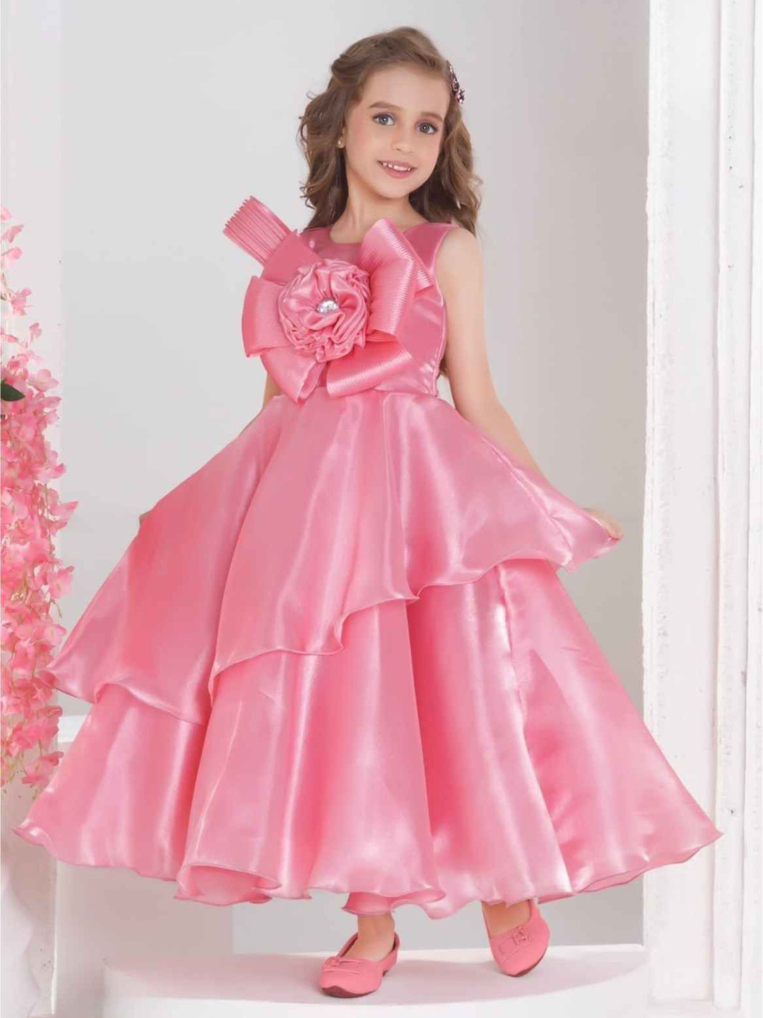Lagorii Girls Floral Embellished Party Wear Gown - Peach