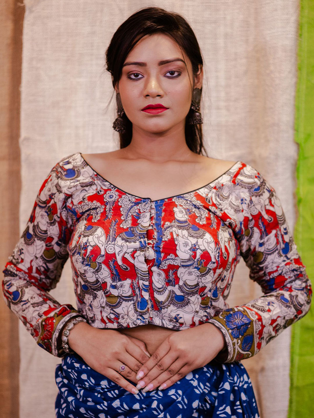 Uttariya Printed Long Sleeves Cotton Boat Neck Saree Blouse
