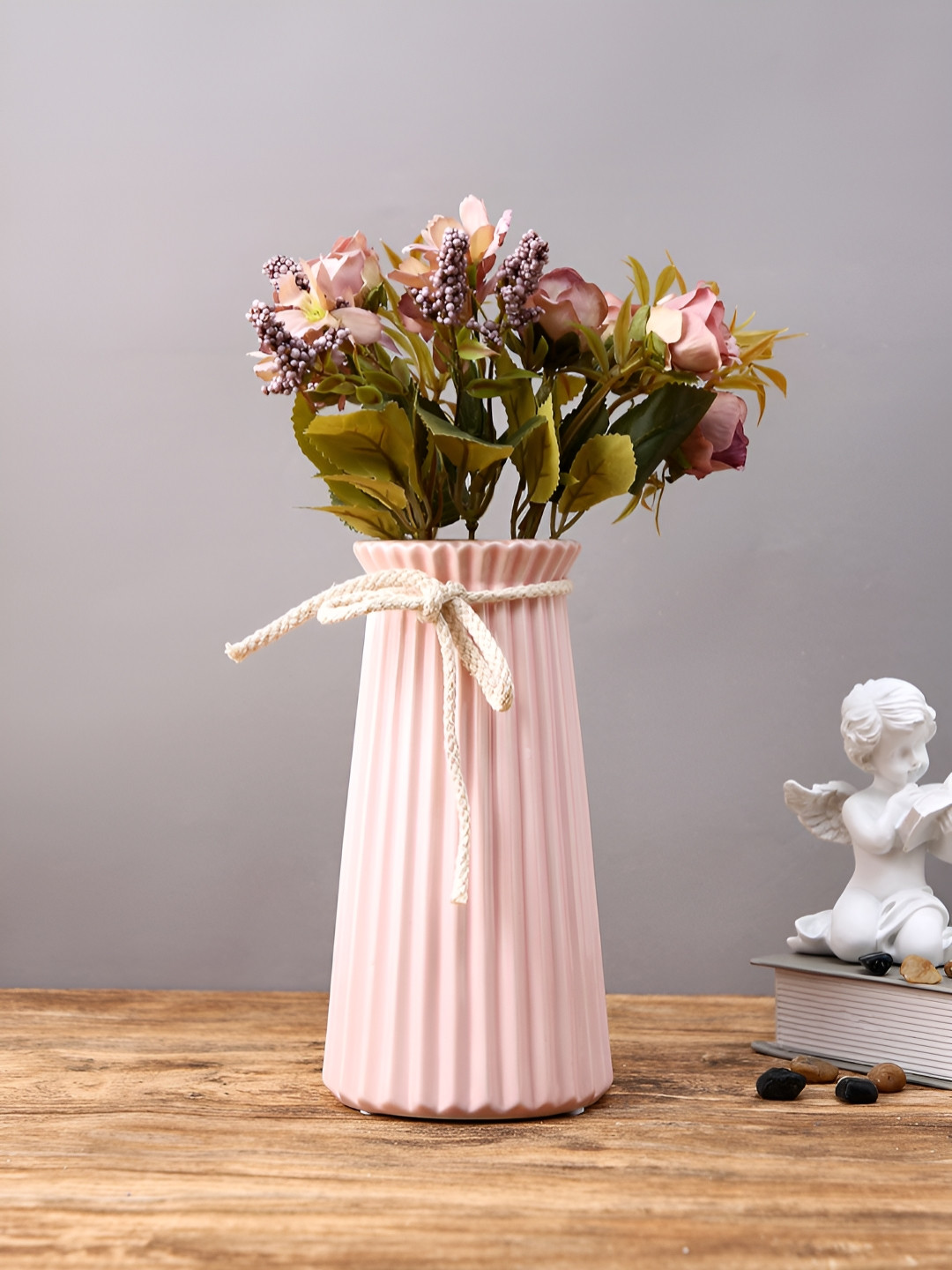 TAYHAA Vintage Charm Pink Striped Ceramic Rope Flower Vase
