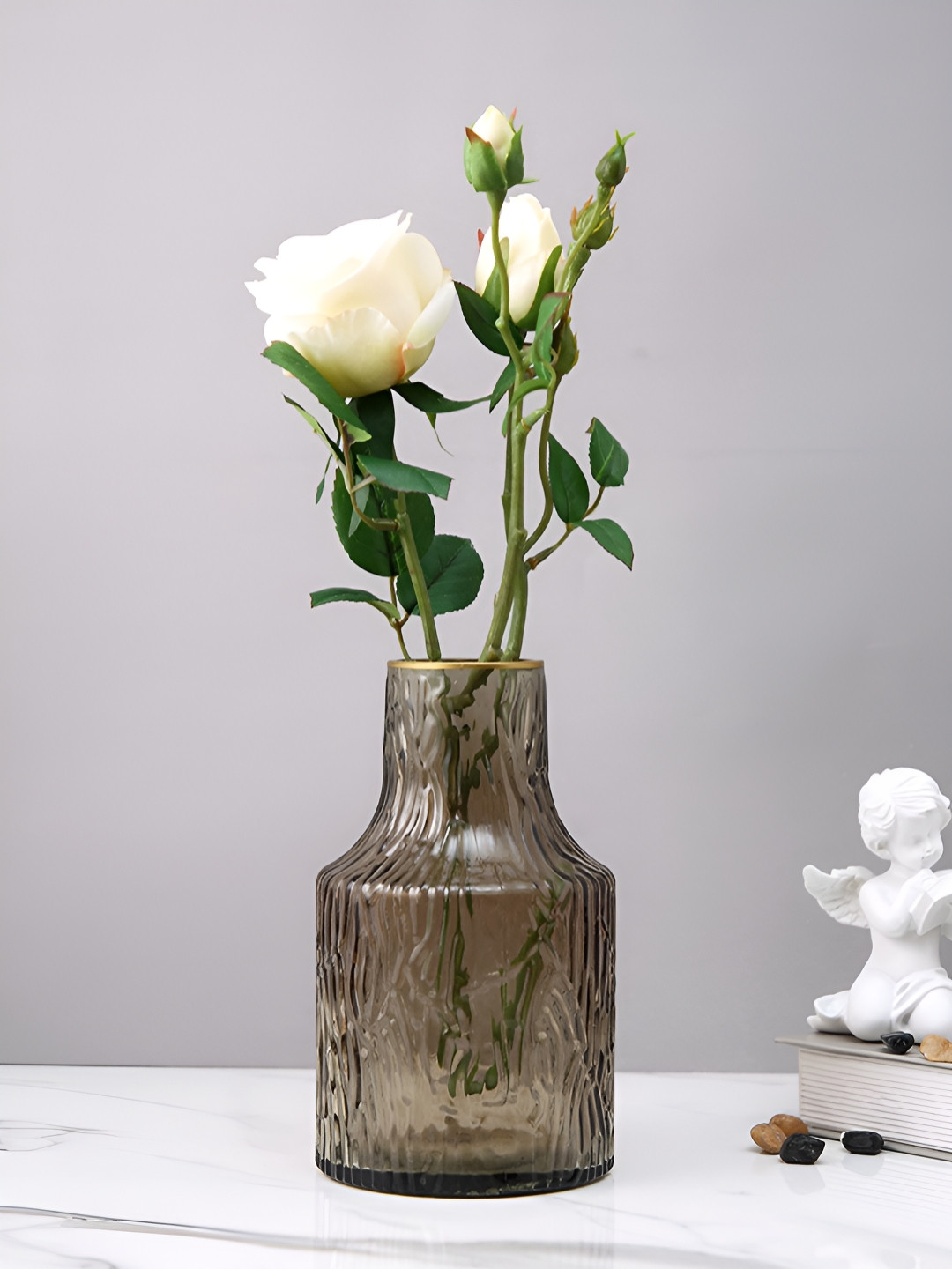 Myntra Elegant Homes Brown And Gold-Toned Ripple Textured Glass Flower Vase