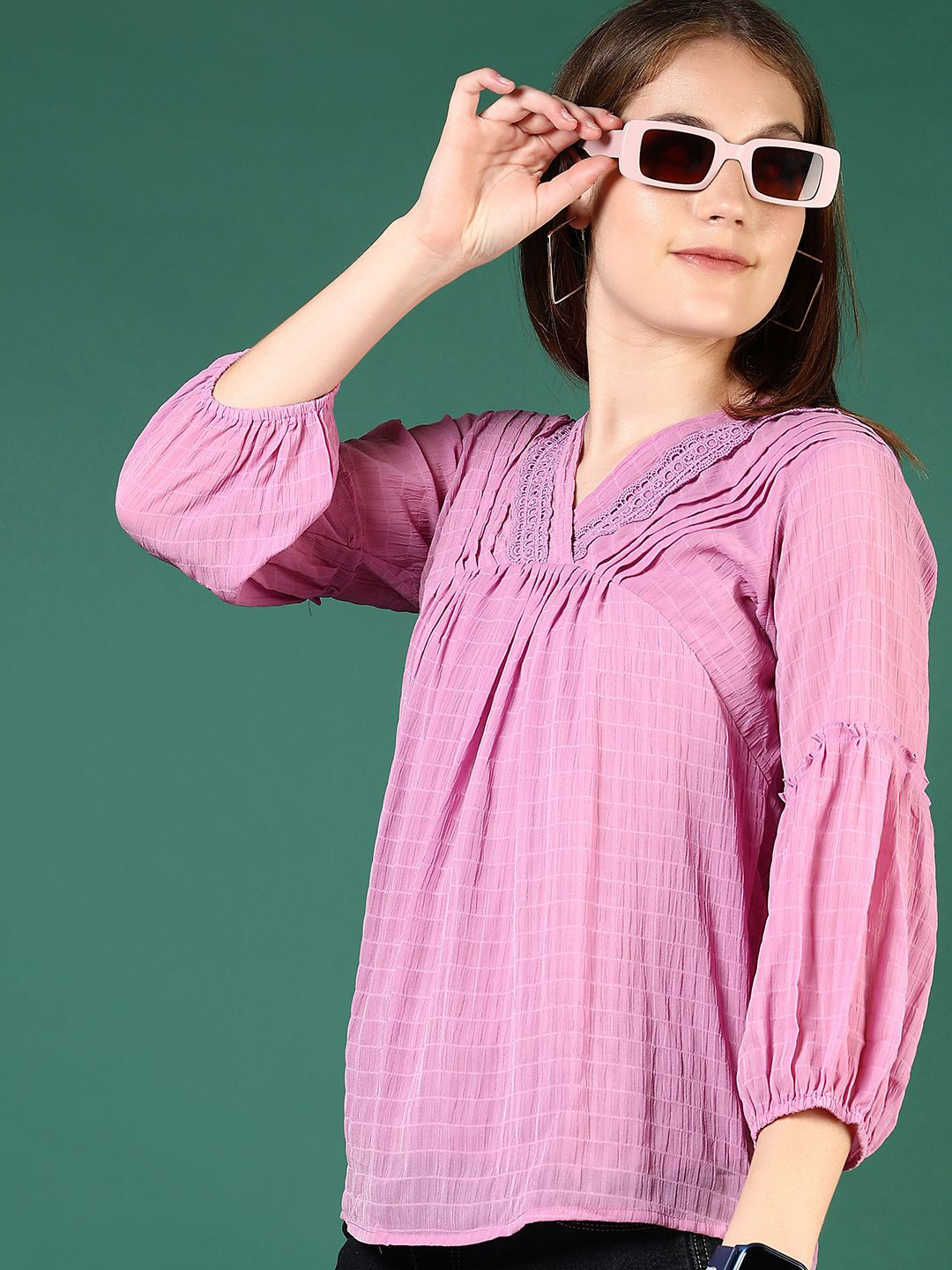 V-Mart Checked Lace Inserts Detail V-Neck Puff Sleeves Empire Top