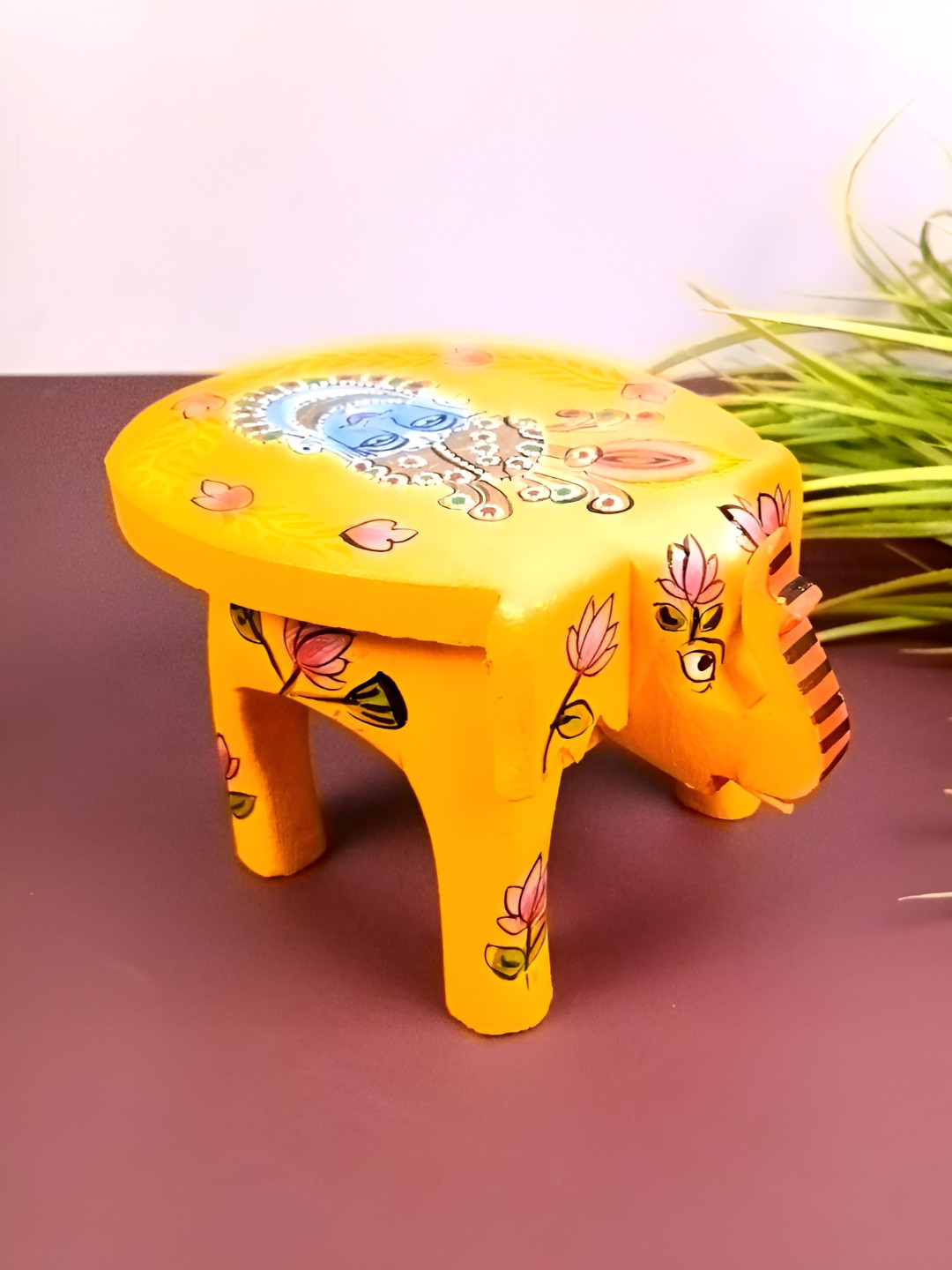 apka mart Yellow & Green Floral Printed Elephant Stool Showpiece