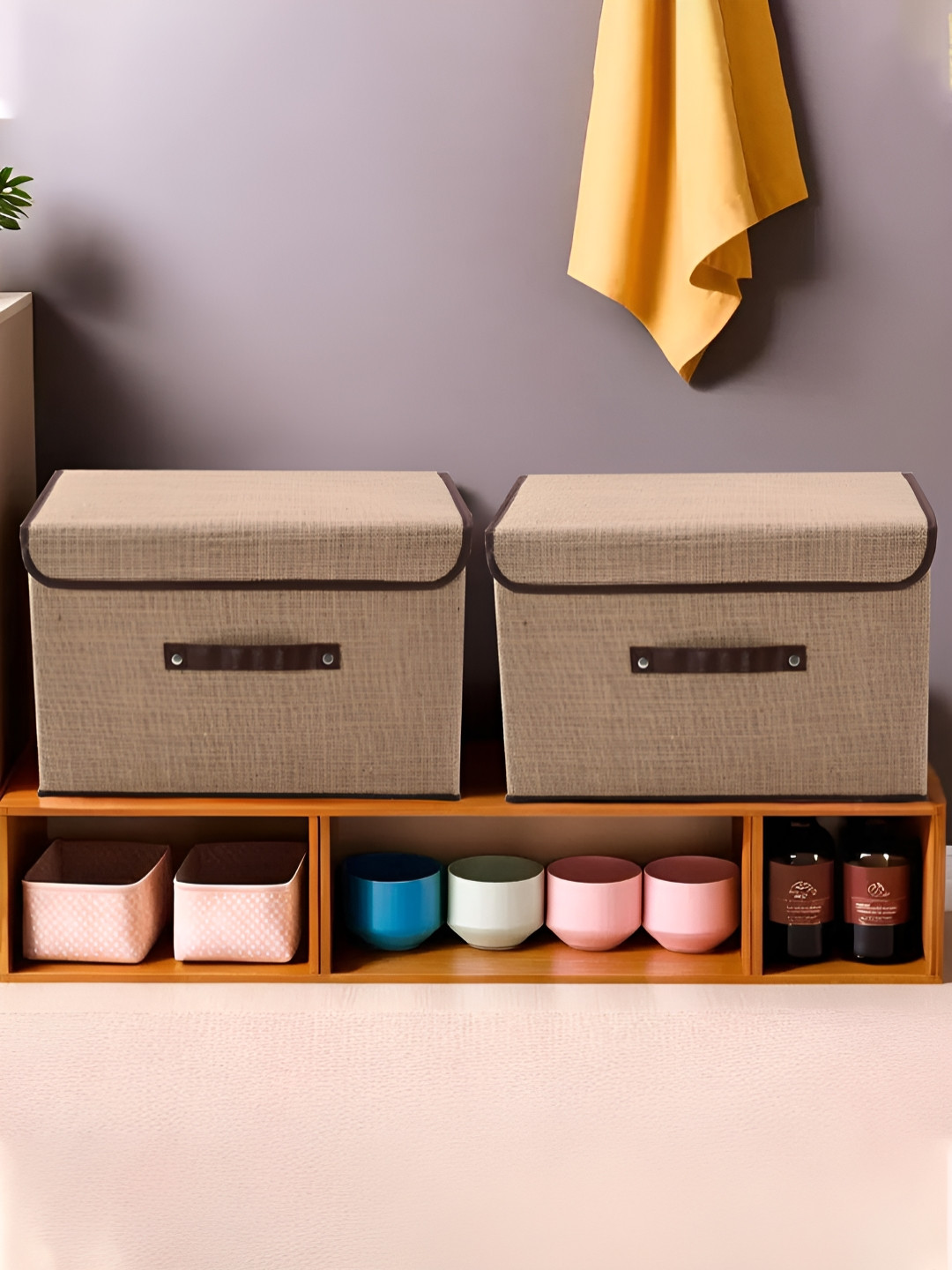 Aura Brown & Coffee Brown 2 Pieces Jute Cotton Foldable Drawer Organizer