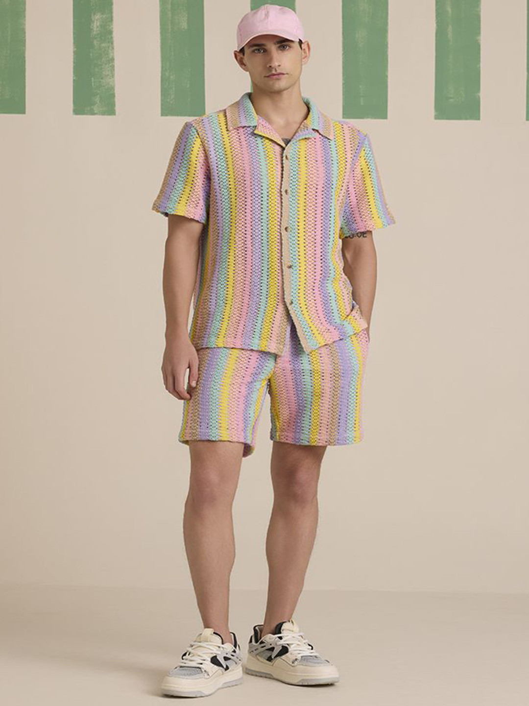 Muvazo Striped Crochet Short Sleeves Shirt With Shorts