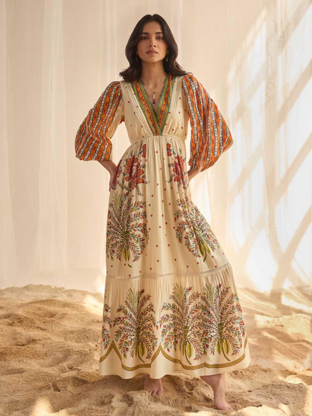 Style Island Women Tropical Print Puff Sleeves V-Neck Maxi Dress