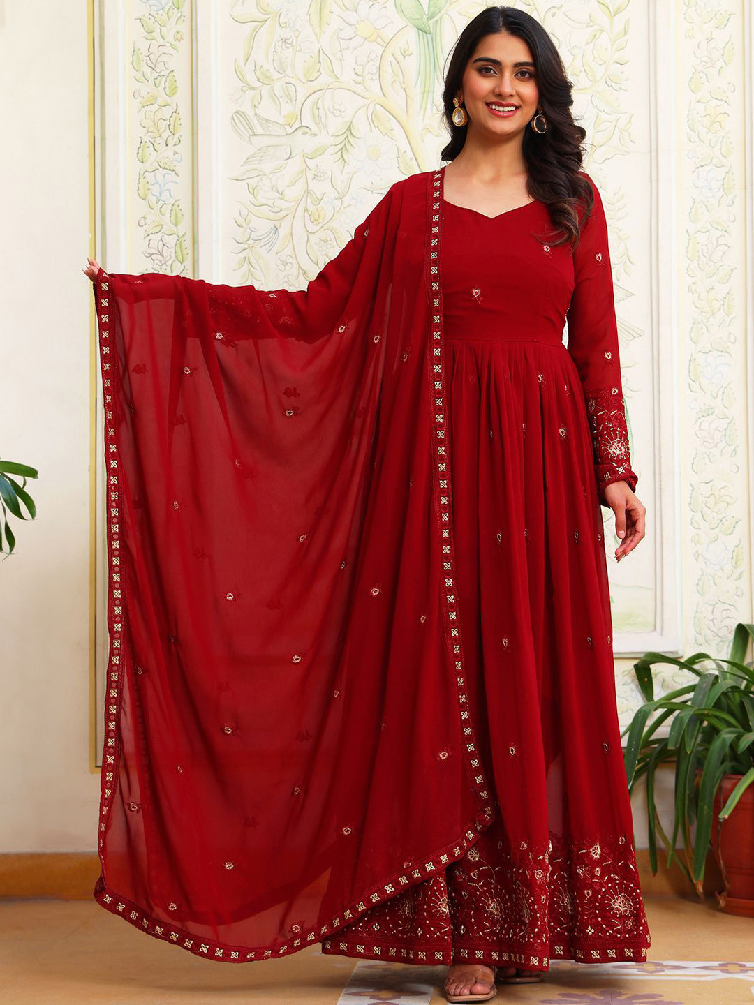 KALINI Floral Embroidered Anarkali Silk Georgette Kurta With Pyjamas And Dupatta
