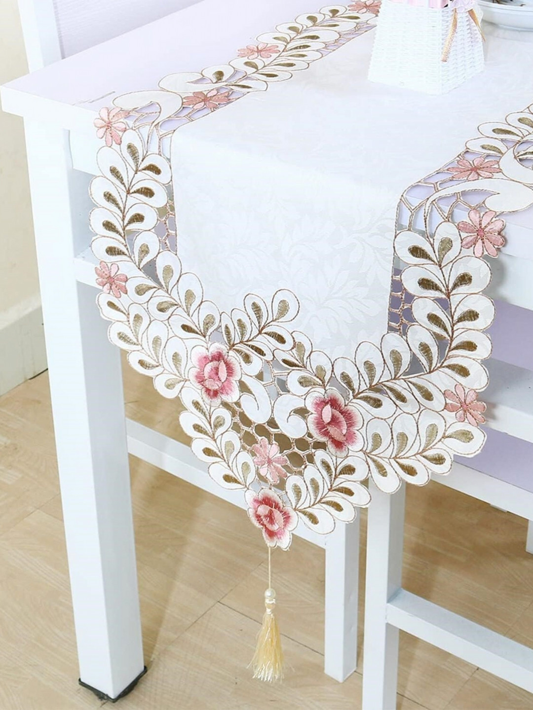 MONKDECOR White & Brown Floral Embroidered With Cut-Work Table Runner