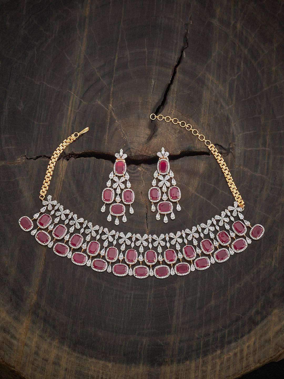 Kushal's Fashion Jewellery Gold-Plated Zircon & Ruby Studded Party Jewellery Set
