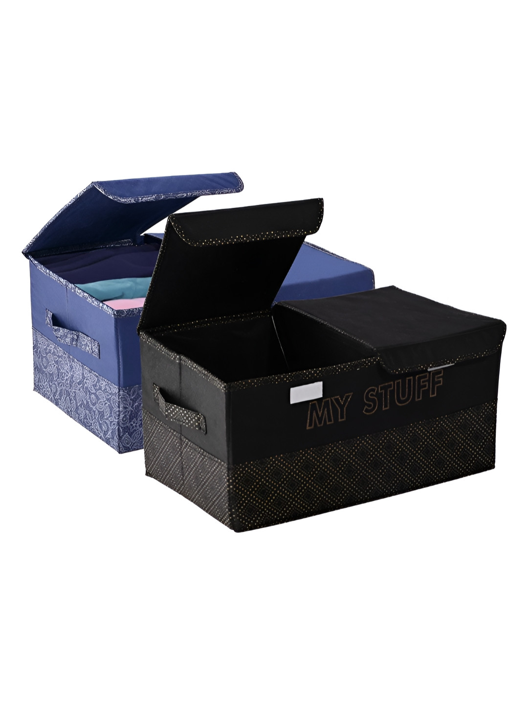 Aura Navy Blue & Black 2 Pieces Printed Double Lid Large 2 Compartment Wardrobe Organizers