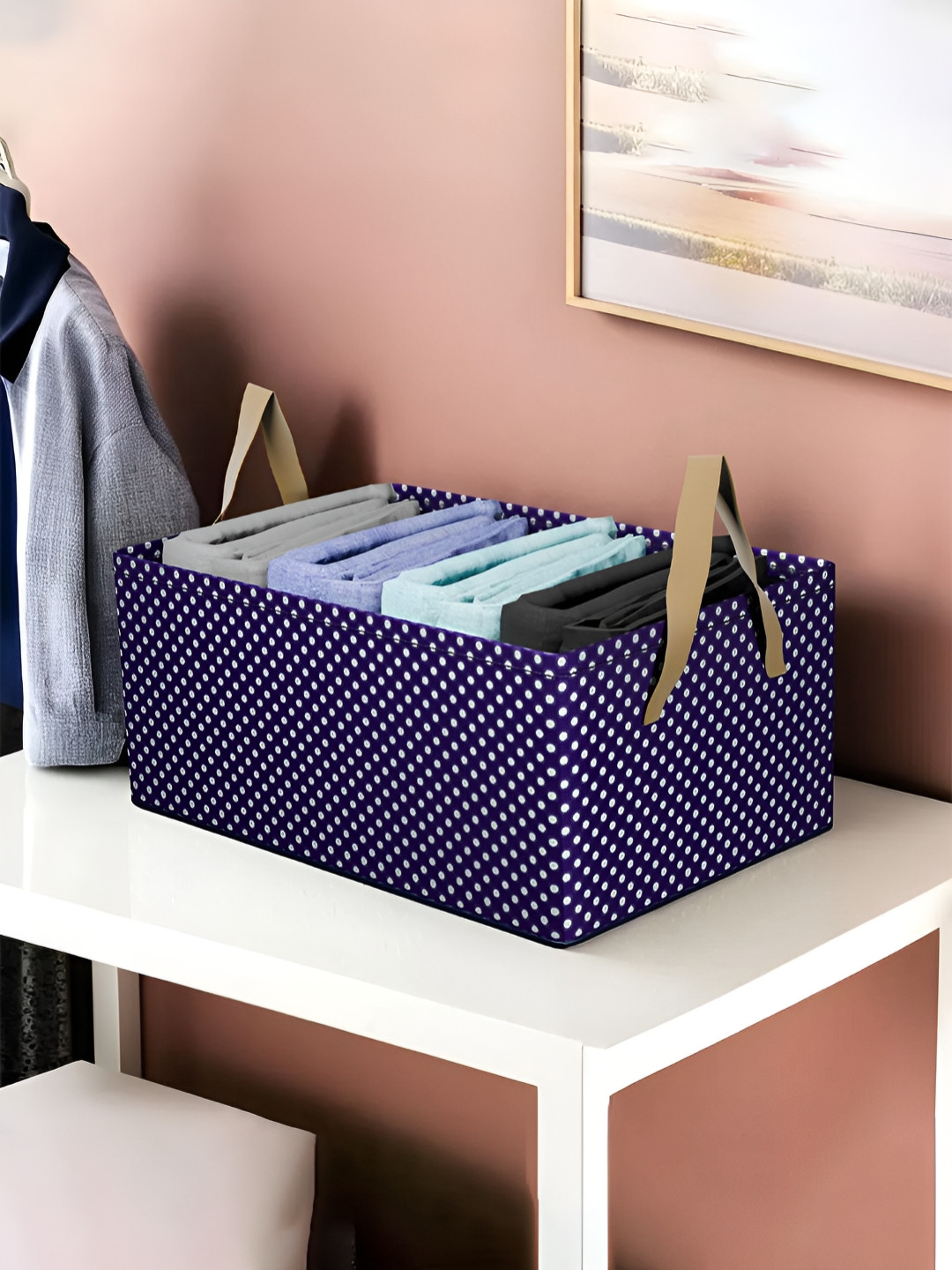 Aura Blue & White Foldable Metal Frame Storage Baskets for Clothing Drawer Organiser