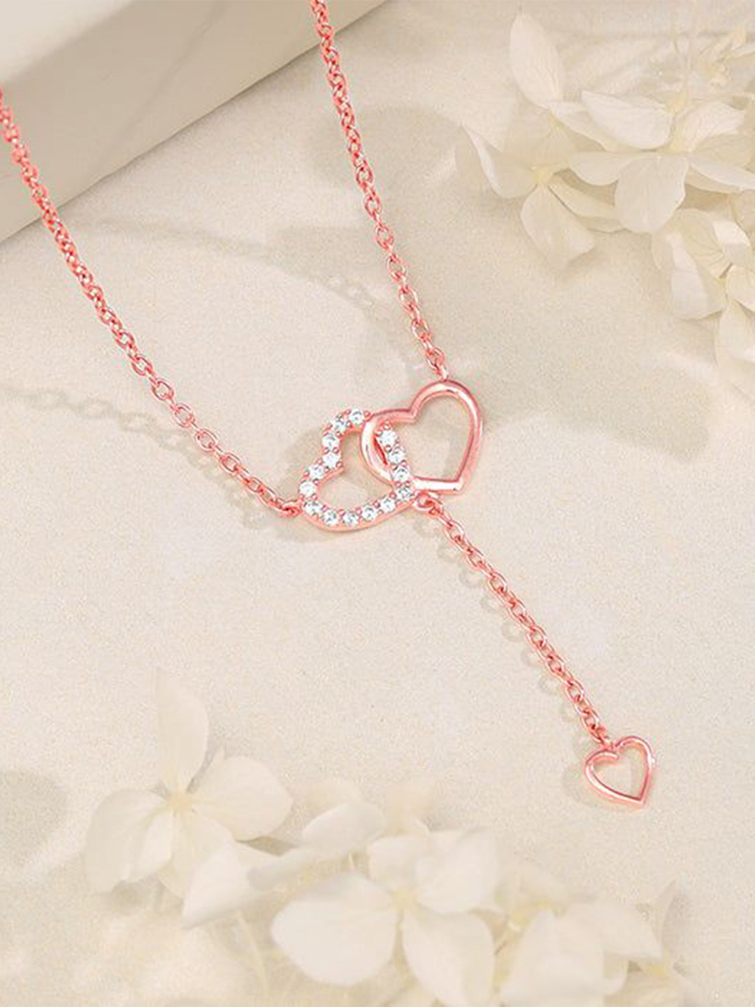 GIVA Interlocked Heart Duo Lariat 925 Sterling Silver Rose Gold-Plated Stone Studded Chain