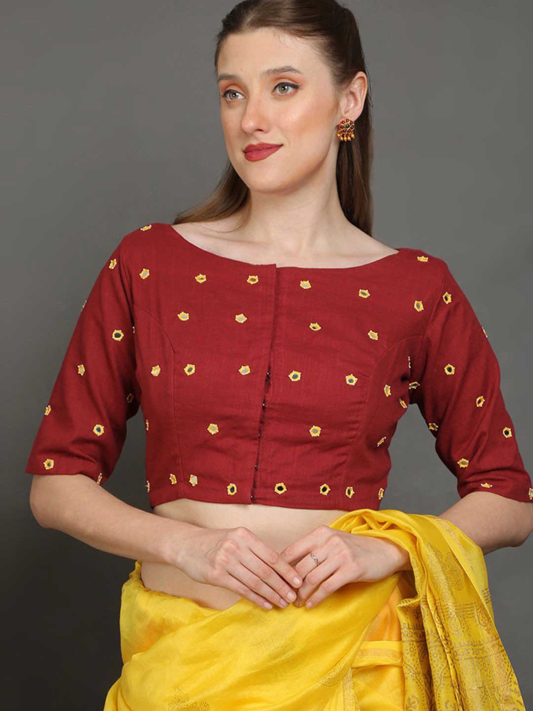 PALASH Hand Embroidered Cotton Boat Neck Mirror Work Slub Saree Blouse