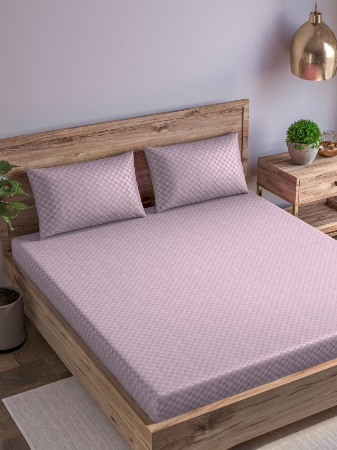 Trance Home Linen Royal Passion Rose Checked Pure Cotton 300 TC Fitted Queen Fine Bedsheet with 2 Pillow Covers-191 x 183 cm